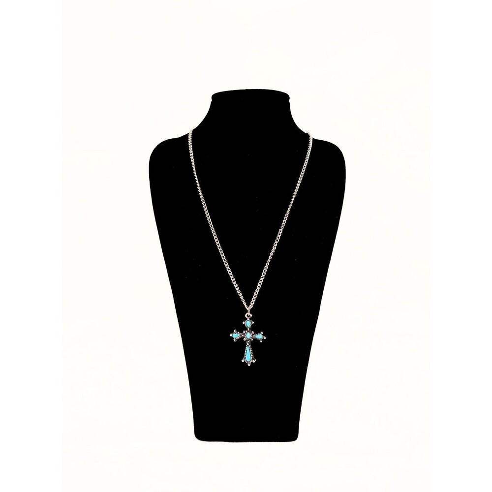 Turquoise Color Cross Pendant Necklace Silver Tone Chain Religious Jewelry